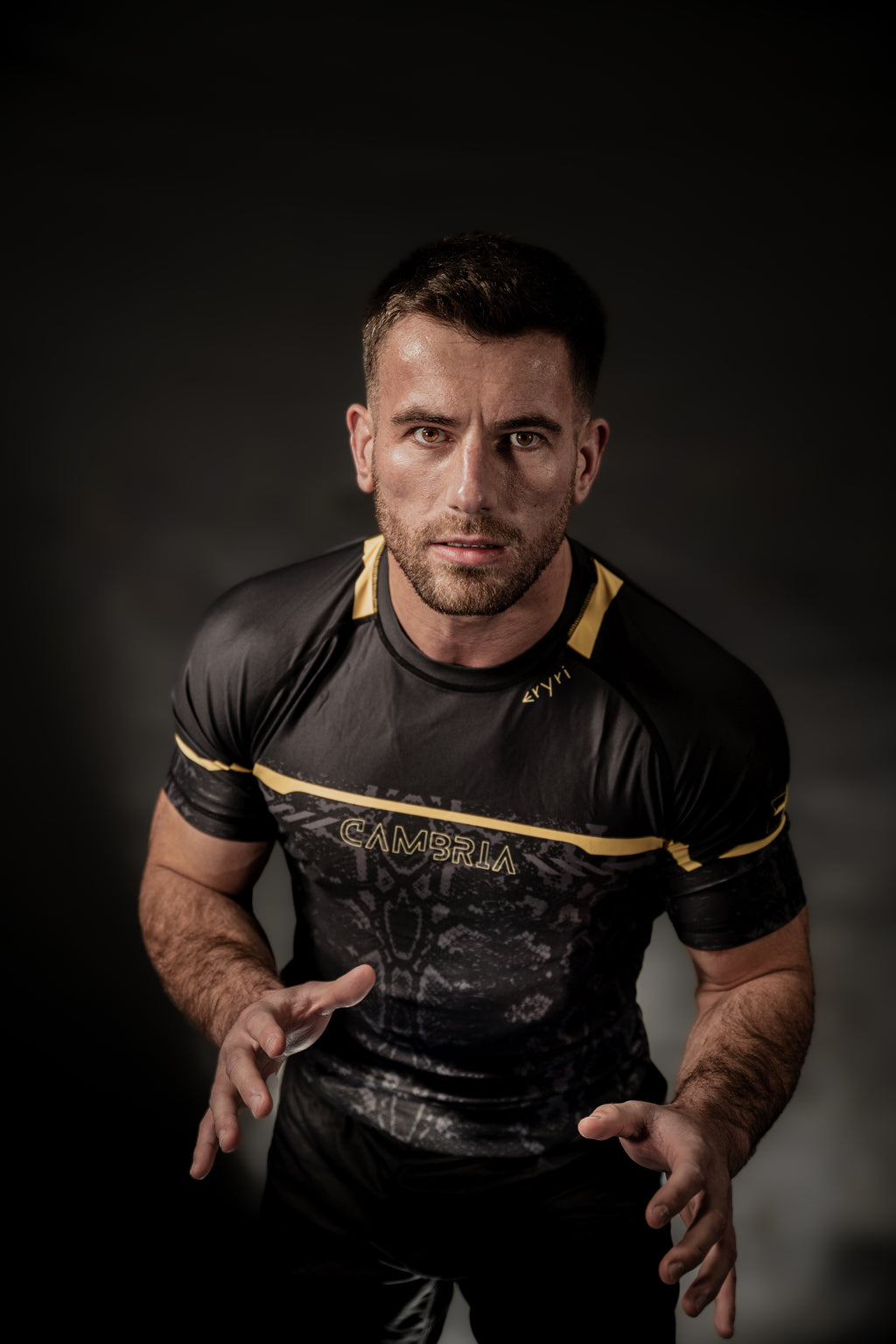 Cambria black and gold Brazilian Jiu-Jitsu rashguard with snakeskin pattern, compression top for no-gi BJJ training and competition