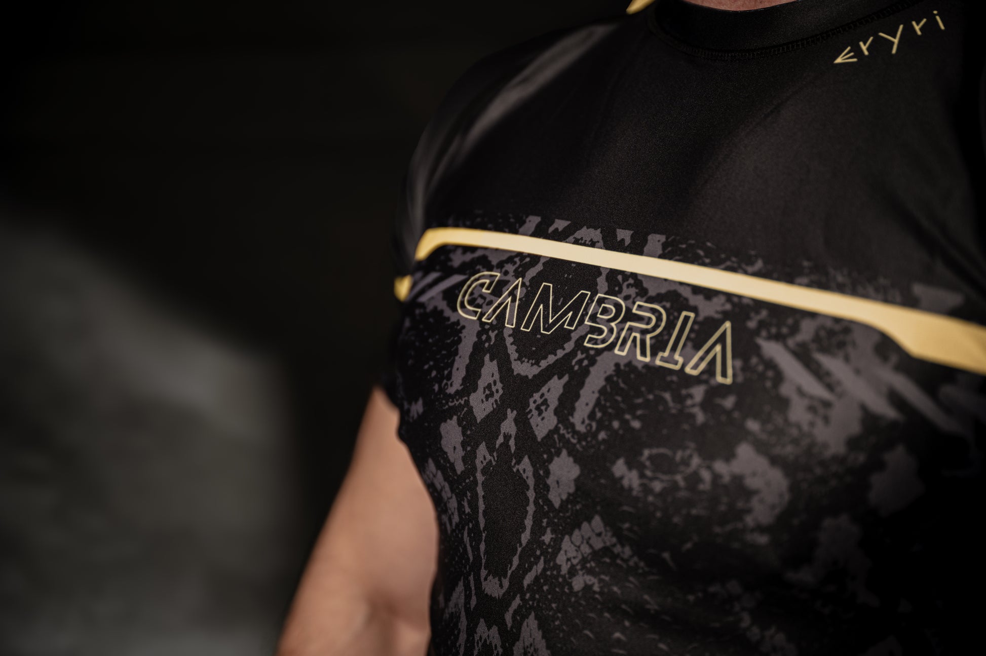 Cambria black and gold Brazilian Jiu-Jitsu rashguard with snakeskin pattern, compression top for no-gi BJJ training and competition